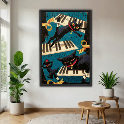 Black cat piano canvas wall art in black frame above entryway table, three jazz cats leaping over piano keys with gold ribbons
