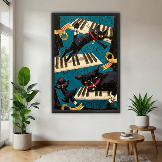 Black cat piano canvas wall art in black frame above entryway table, three jazz cats leaping over piano keys with gold ribbons
