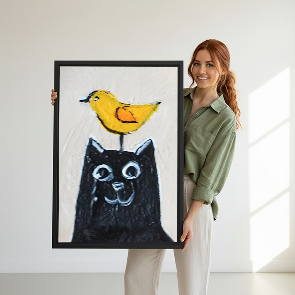 Woman holding whimsical black cat yellow bird framed canvas print large wall art gift