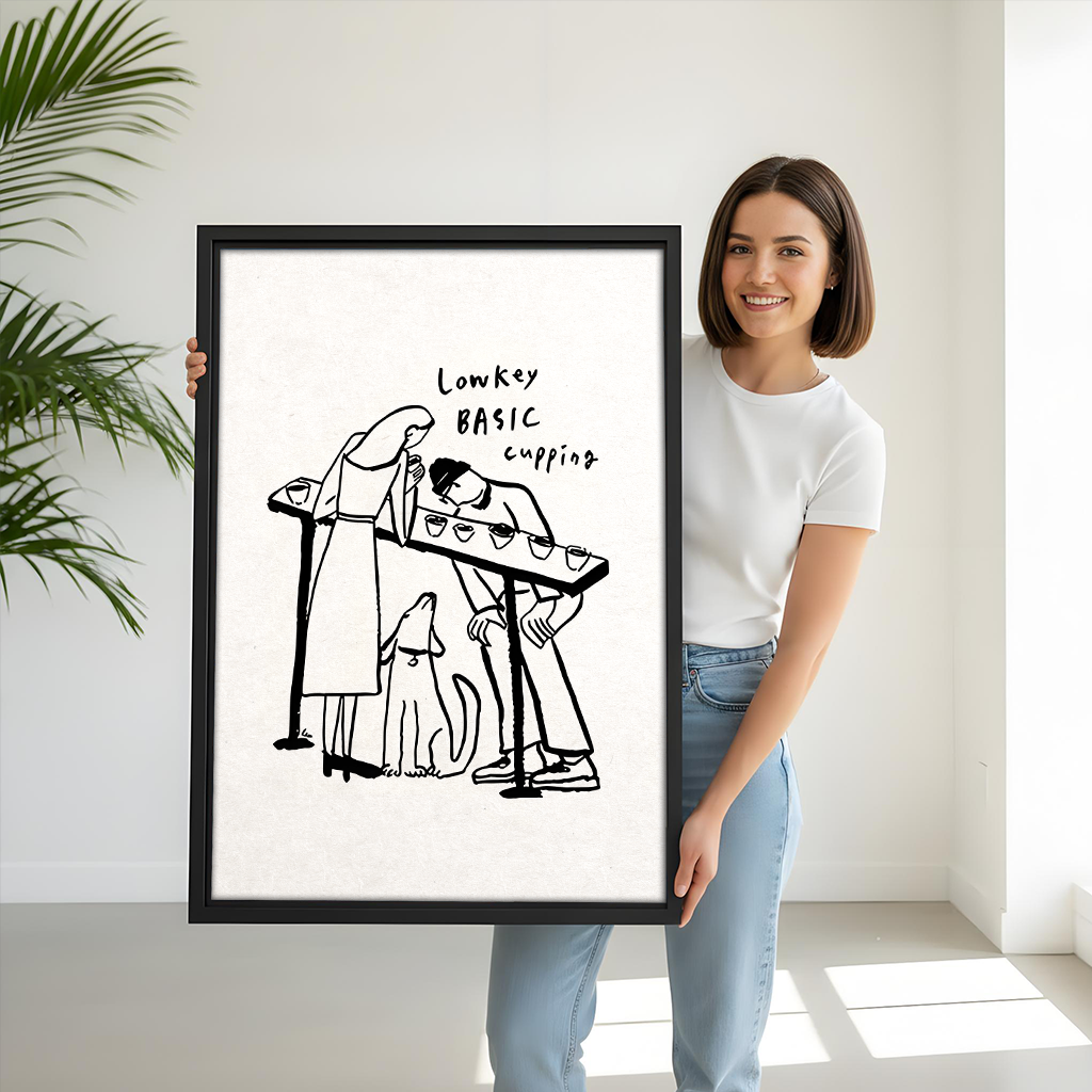 Woman holding large framed coffee cupping line art print, minimalist barista wall decor gift for coffee lovers