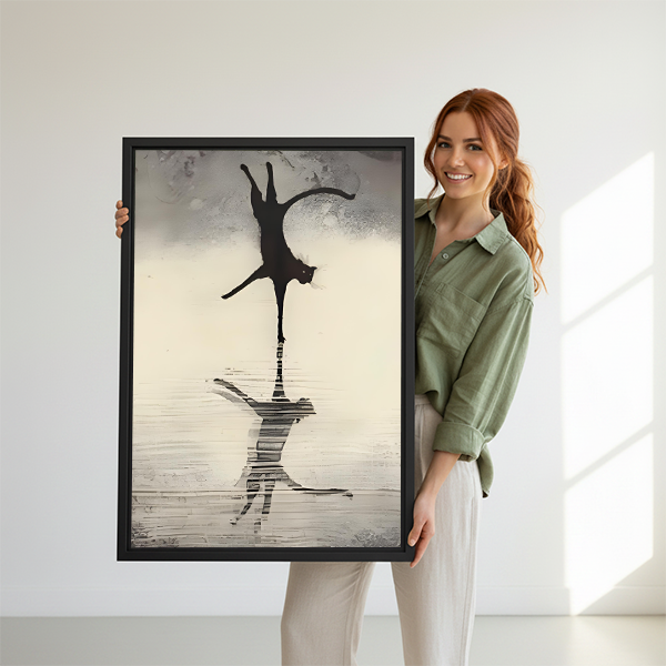 Woman holding a large framed black cat reflection art print, minimalist ink wall art perfect as an inspirational home gift