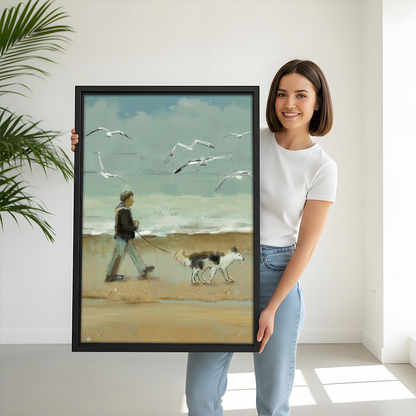 Woman Holding Beach Dog Walk Coastal Oil Painting Framed Art Print Size Reference