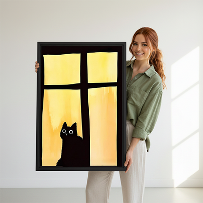 Woman holding black cat window silhouette minimalist framed canvas print – moody amber cat wall art size display