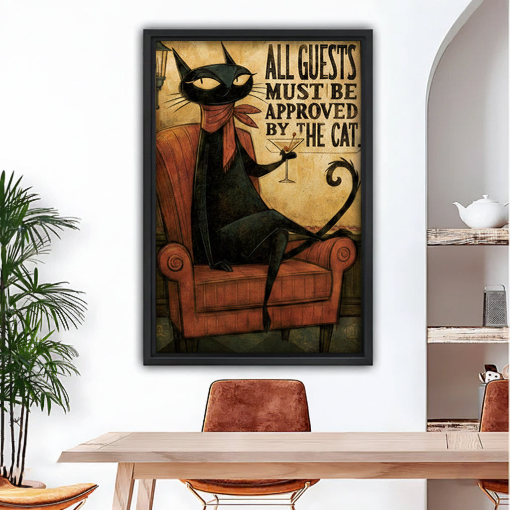 Funny black cat martini armchair gothic framed canvas wall art displayed in dining room