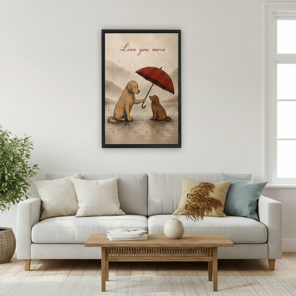Whimsical dog umbrella wall art in black frame above light grey living room sofa