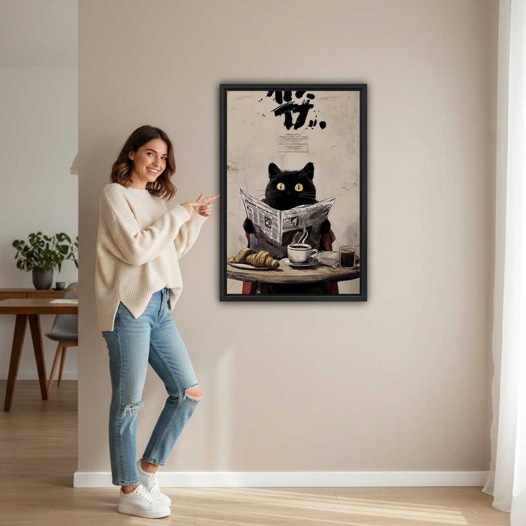 Funny black cat newspaper wall art framed print lifestyle display