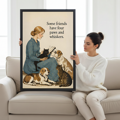 Brunette woman in white sweater sitting on cream sofa holding large four paws whiskers woman cats dogs vintage watercolor framed canvas print with beagle tabby cat and golden retriever in bright white studio