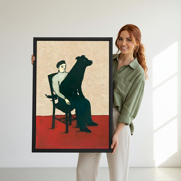 Woman holding retro modern man and greyhound dog duo framed canvas print – mid-century art poster wall art size display