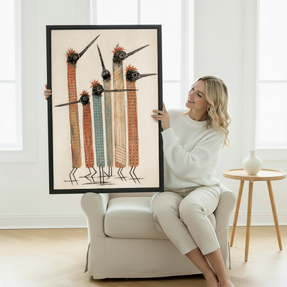 Smiling blonde woman in white sweater sitting in cream armchair holding large abstract tribal birds folk art framed canvas print with five long-necked birds in terracotta and grey-blue striped bodies on cream background in bright white room with wooden side table and white ceramic vase