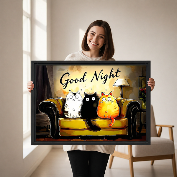 Woman Holding Good Night Cats Cozy Sofa Framed Art Print Size Reference