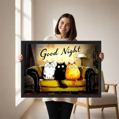 Woman Holding Good Night Cats Cozy Sofa Framed Art Print Size Reference