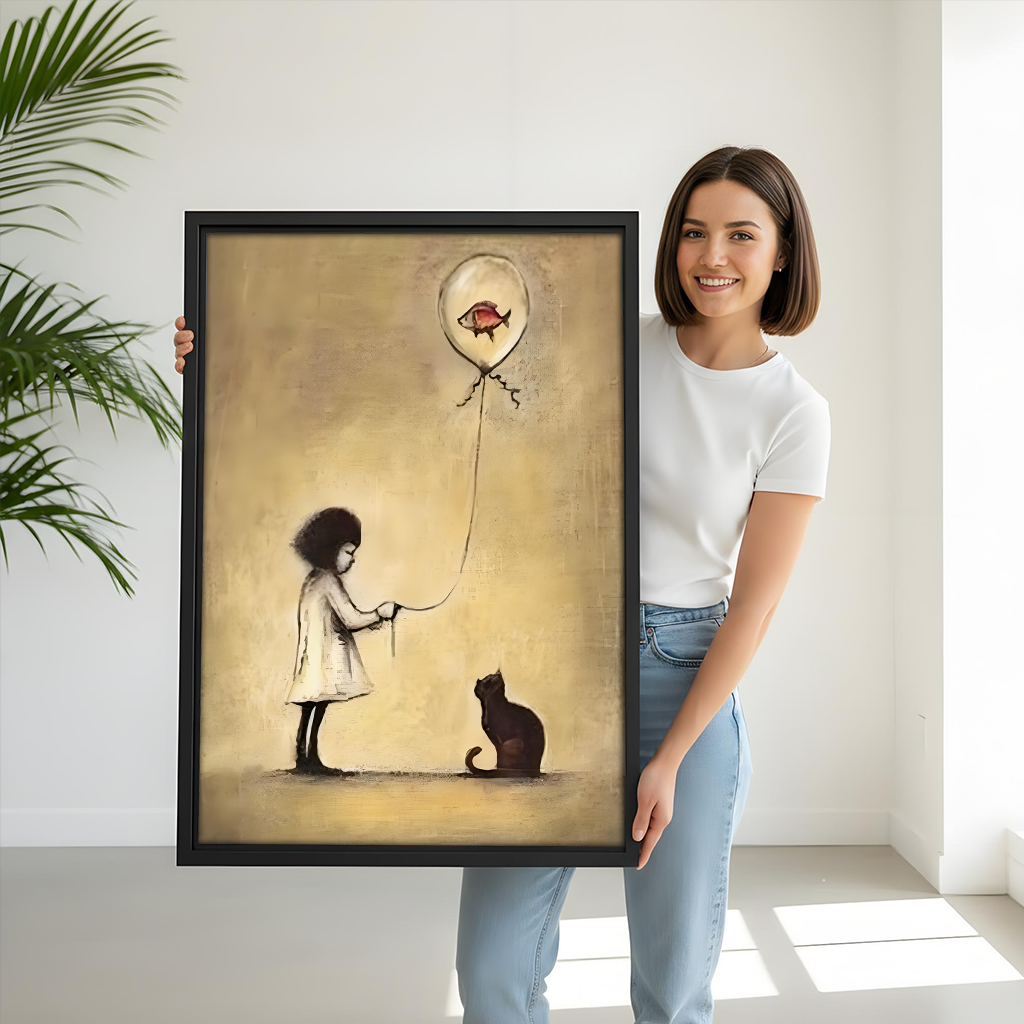 Woman Holding Girl Fish Balloon Black Cat Banksy Style Framed Art Print Size Reference