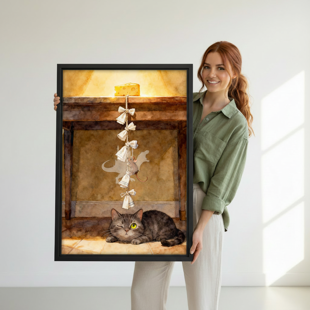 Woman holding large framed whimsical cat mouse cheese canvas print, watercolor tabby cat wall art size reference photo