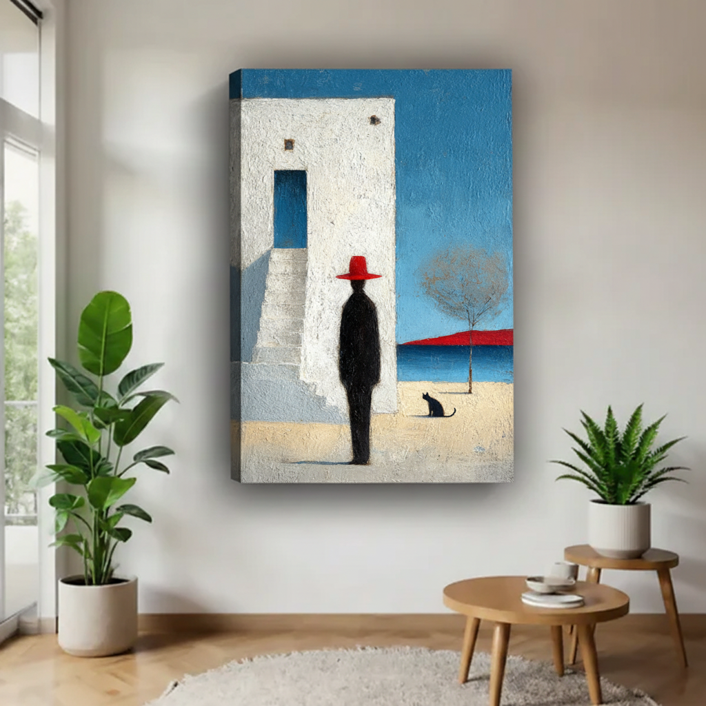 Gallery wrap canvas art Mediterranean scene with figure in red hat and black cat no frame