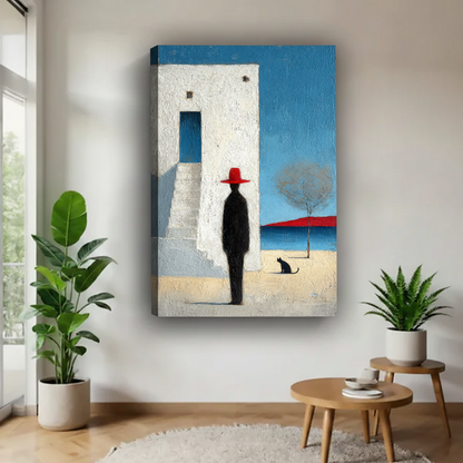 Gallery wrap canvas art Mediterranean scene with figure in red hat and black cat no frame