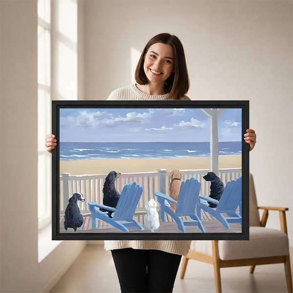 Woman Holding Dogs on Beach Porch Framed Art Print Size Reference