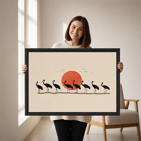 Woman Holding Japanese Crane Silhouette Red Sun Framed Art Print Size Reference