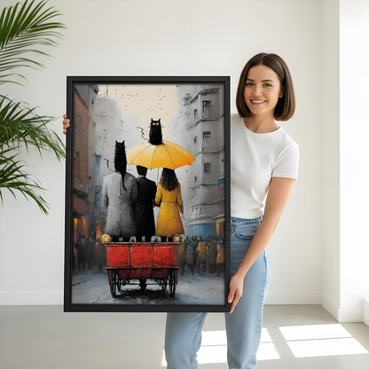 Woman holding romantic couple black cats city street framed art print – size reference