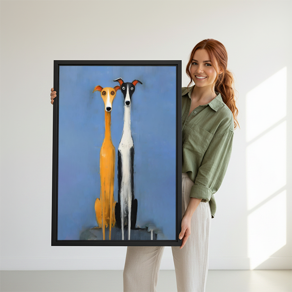 Greyhound duo framed art print above sofa in bright Scandinavian living room