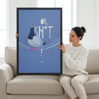 Woman holding large funny pigeon framed print on white sofa to show size reference