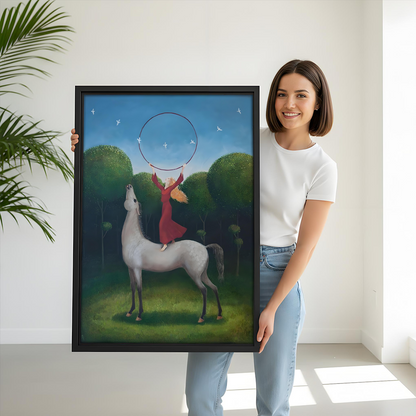 Woman holding large whimsical horse rider framed art print, enchanted forest wall decor