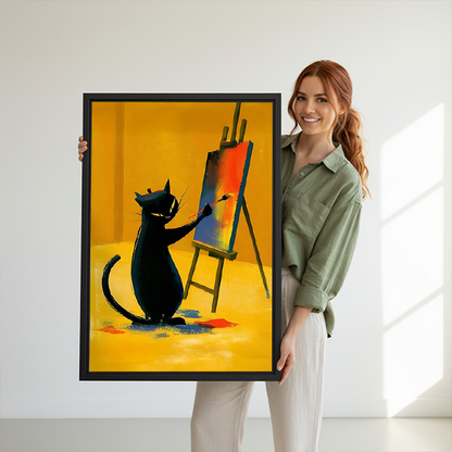 Woman holding large framed black cat artist canvas print — colorful wall art size reference