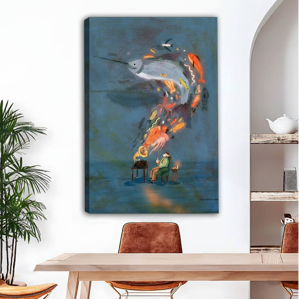 Frameless gallery wrap canvas of surrealist gramophone sea creatures illustration hung above a dining table, dark blue dreamlike wall art