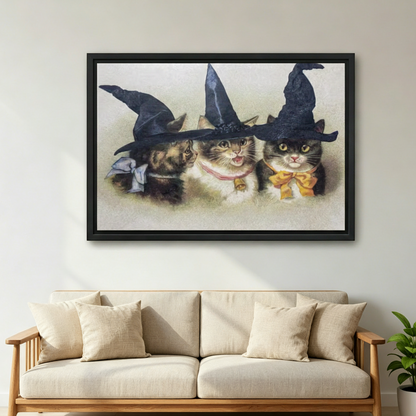 Three witch cats Victorian halloween vintage framed canvas wall art above sofa in living room