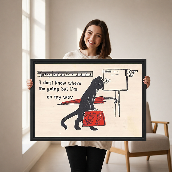 Woman holding funny black cat quote framed canvas print – whimsical vintage wall art gift
