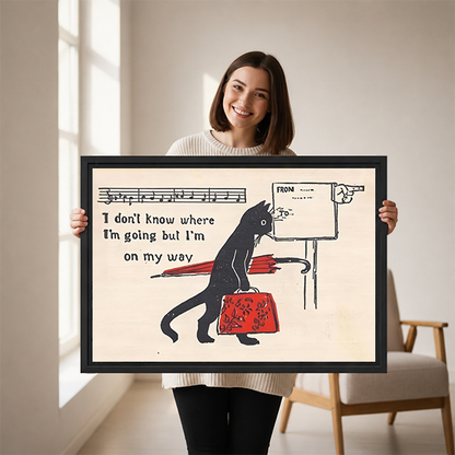Woman holding funny black cat quote framed canvas print – whimsical vintage wall art gift