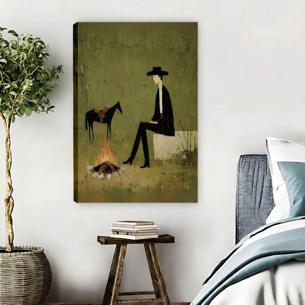 Framed vintage cowboy campfire canvas wall art hanging above a stool in a calm bedroom