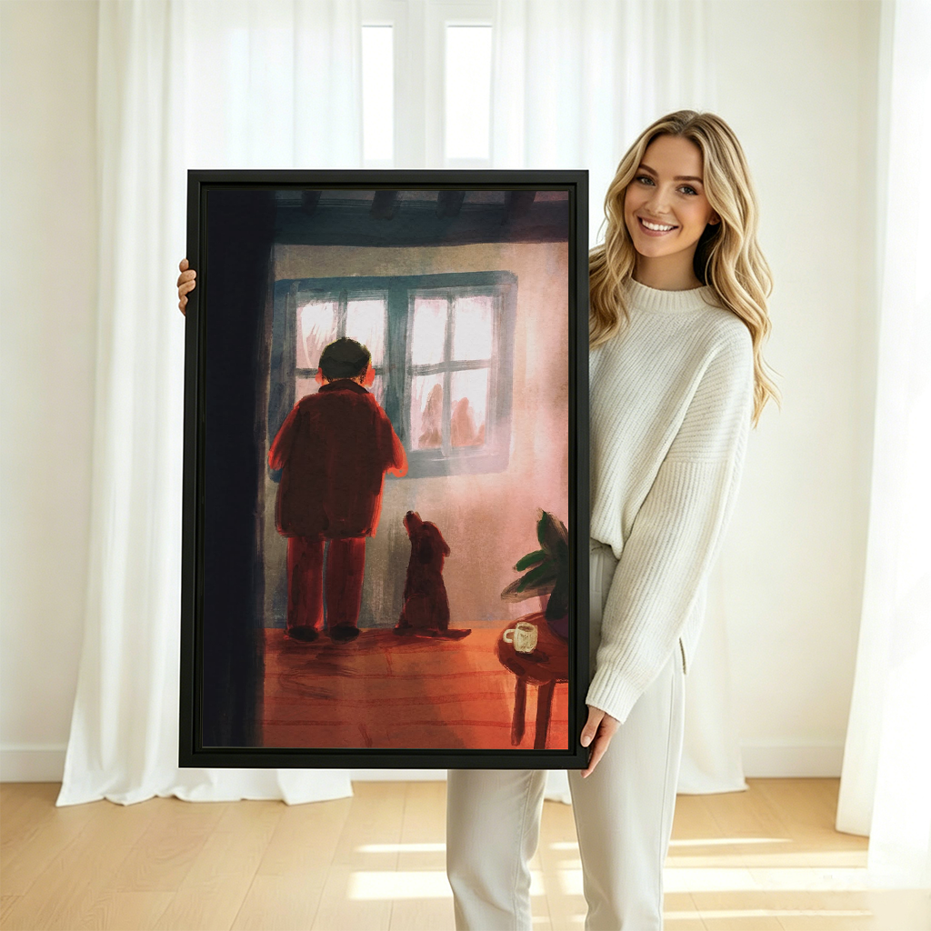 Woman holding large man and dog at window vintage oil painting framed canvas print in bright white room with sheer curtains