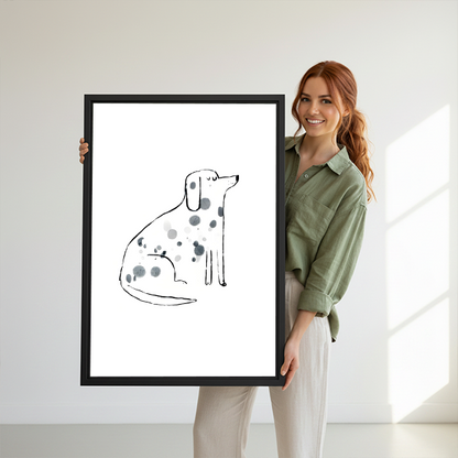 Woman holding large minimalist dalmatian framed wall art print with grey watercolor spots on white background