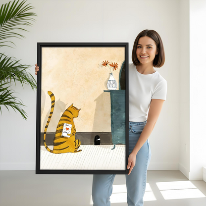 Woman holding cute cat Be Mine Valentine framed art print – size reference wall decor