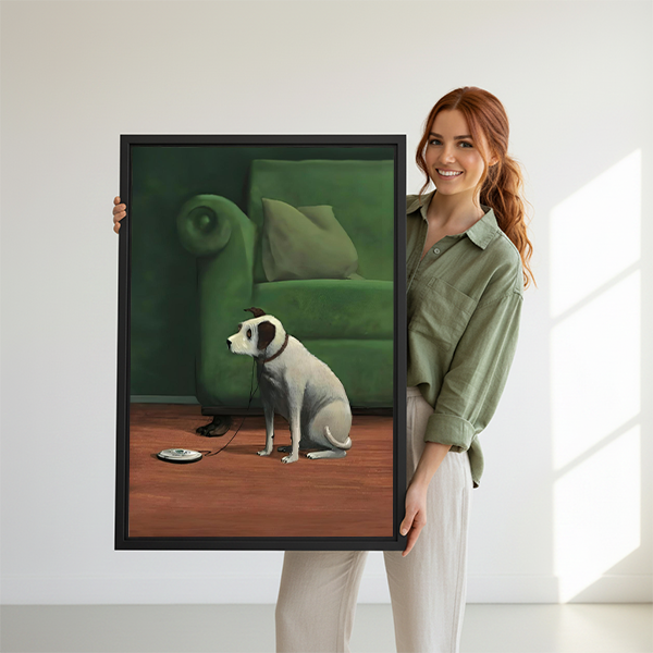 Woman holding a large framed dog art print featuring a loyal pup and empty bowl scene