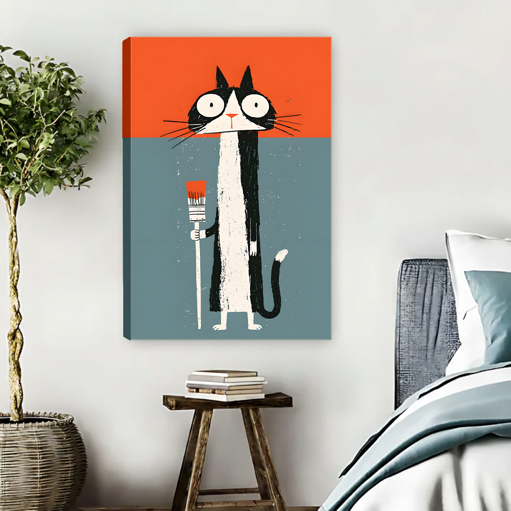 Framed graphic cat painter canvas wall art displayed above a bedside table in a calm bedroom