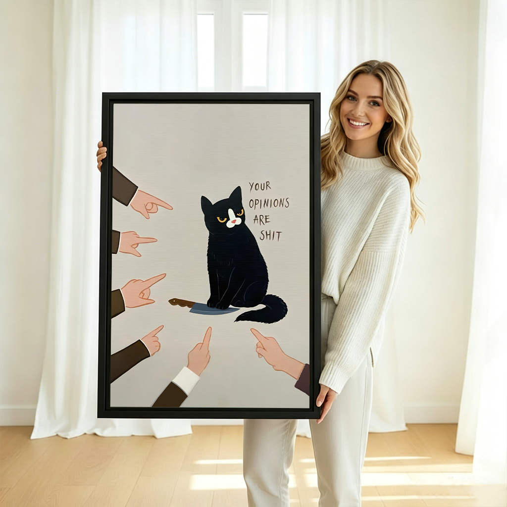 Woman holding large funny black cat framed canvas print – bold sarcastic quote wall art 'Your Opinions Are Shit' humor gift for cat lovers