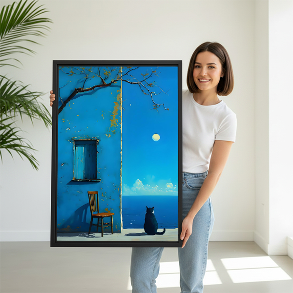 Woman holding black cat moonlit sea blue wall framed canvas wall art, large size dreamy Mediterranean painting for home decor