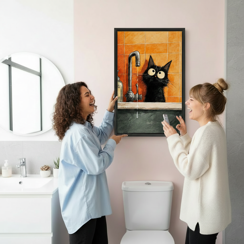 Funny Black Cat Bathroom Wall Art Canvas Print l2030
