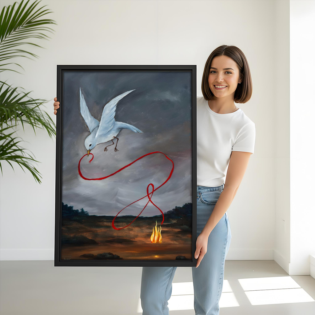 Woman holding large surreal white bird red thread framed art print, size reference for wall decor