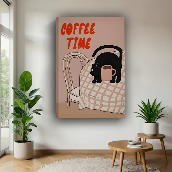 Retro Coffee Time black cat canvas wall art in a black frame above a cream living room sofa.
