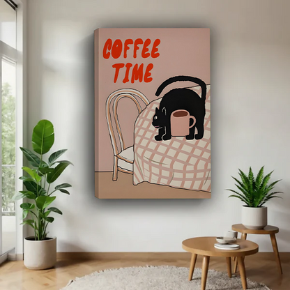 Retro Coffee Time black cat canvas wall art in a black frame above a cream living room sofa.