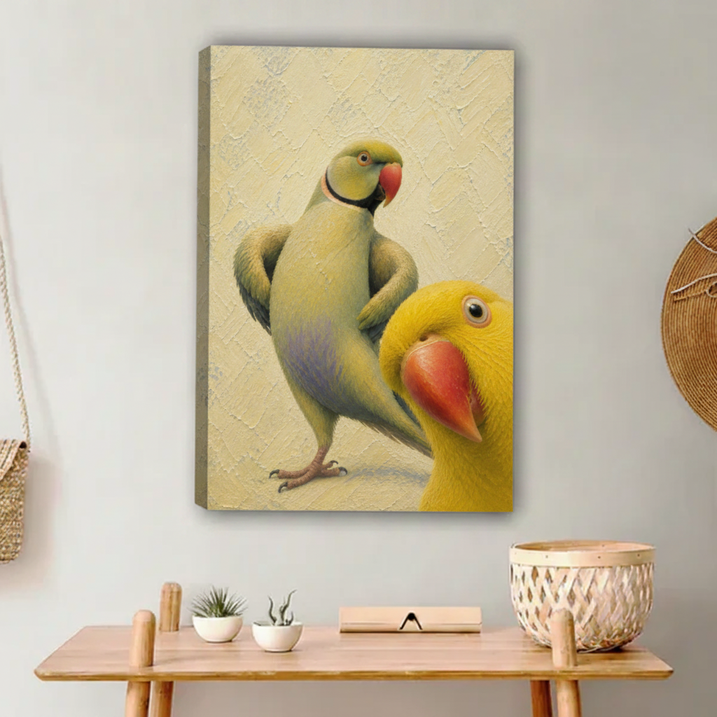 Colorful Parrots Oil Painting Framed Print in Boho Bench Setting – Funny Parrot Wall Art Decor Inspiration
