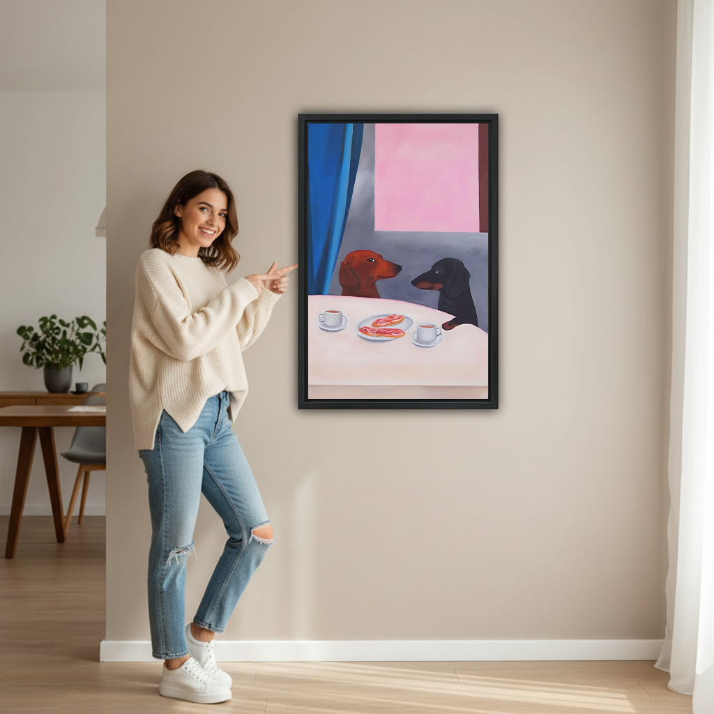 Smiling woman pointing at large dachshund coffee date framed print on beige wall to show size in modern hallway