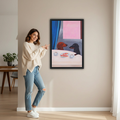 Smiling woman pointing at large dachshund coffee date framed print on beige wall to show size in modern hallway