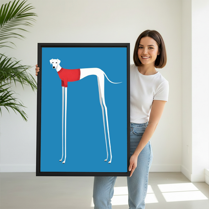 Woman holding funny greyhound red sweater pop art framed canvas print size reference