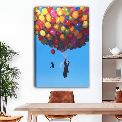 Black cat and grim reaper lifted by colorful balloons canvas wall art, frameless gallery wrap, vibrant oil painting blue sky, hung above a wooden dining table in a bright boho dining room with palm plant