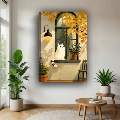 Framed cozy autumn white cat canvas wall art above a console, featuring a white cat, arched window, and yellow leaves