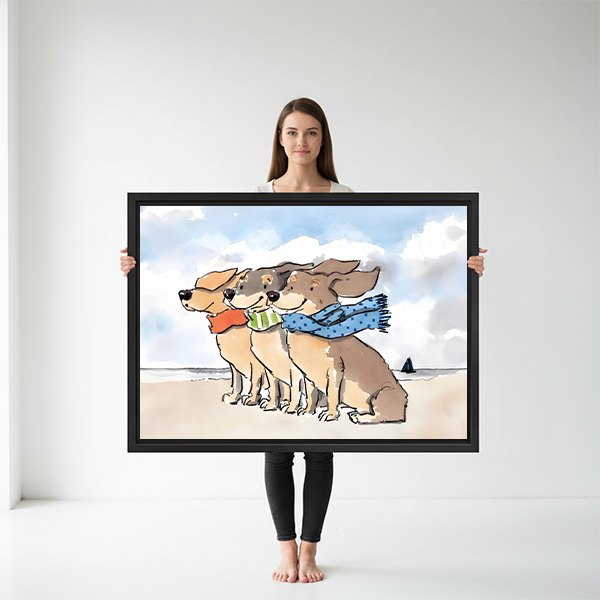 Woman holding large framed watercolor dog beach art print to show size reference