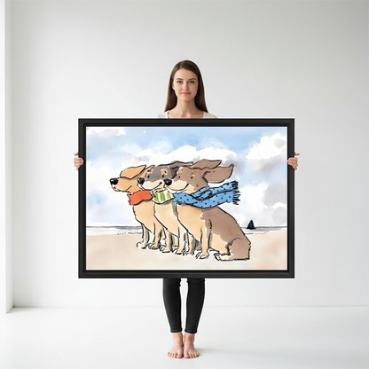 Woman holding large framed watercolor dog beach art print to show size reference